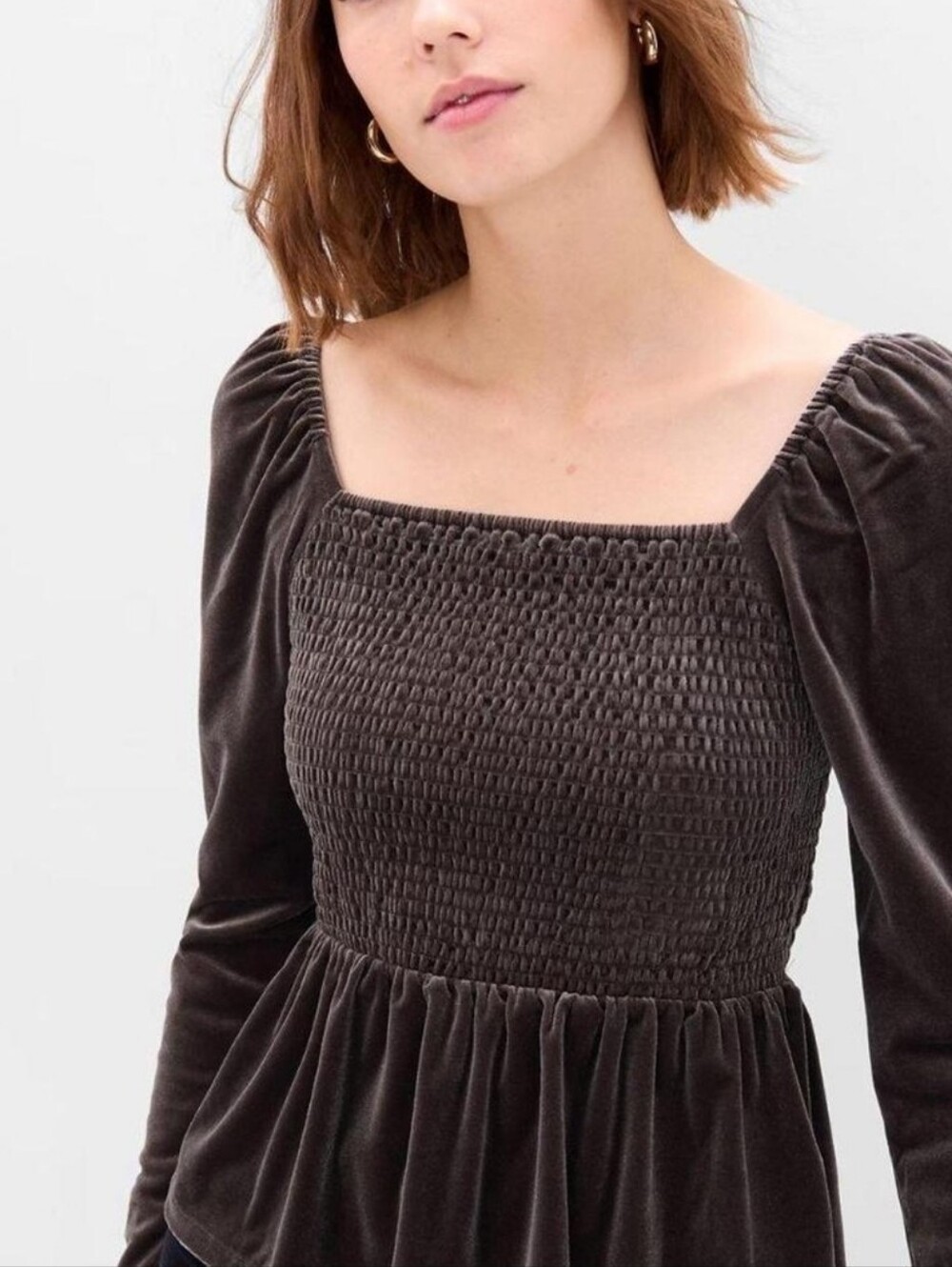 GAP Velvet Smocked Peplum Top Romantic Charcoal Taupe Long Puff Sleeve Small